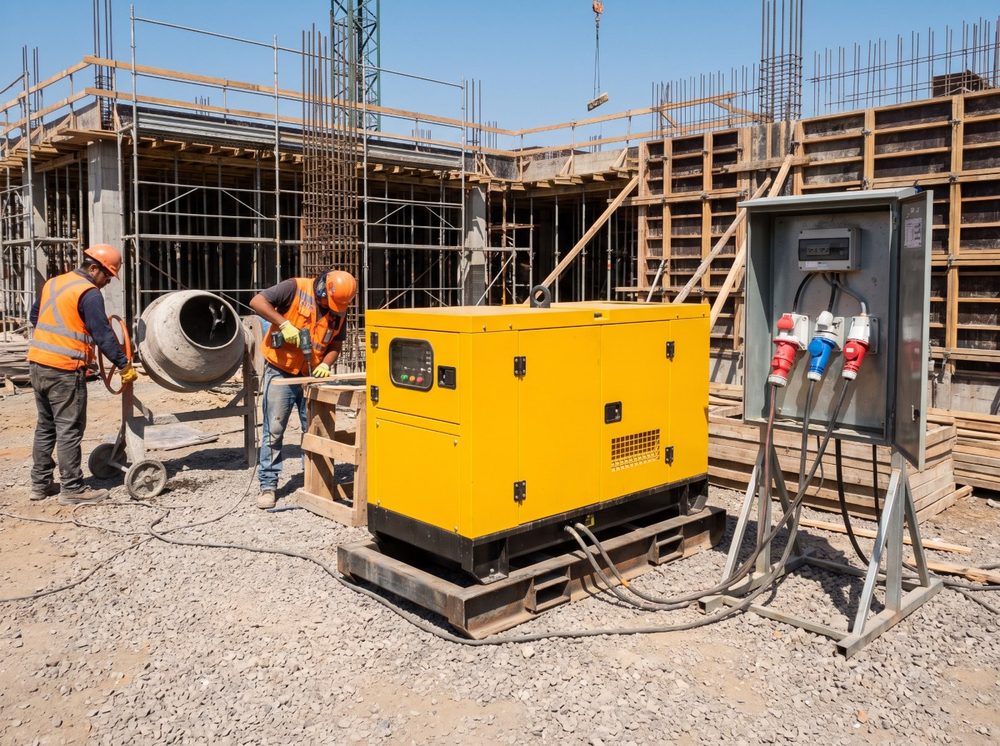 Generador insonoro de 20 kVA alimentando un tablero de faena y una betonera en una obra