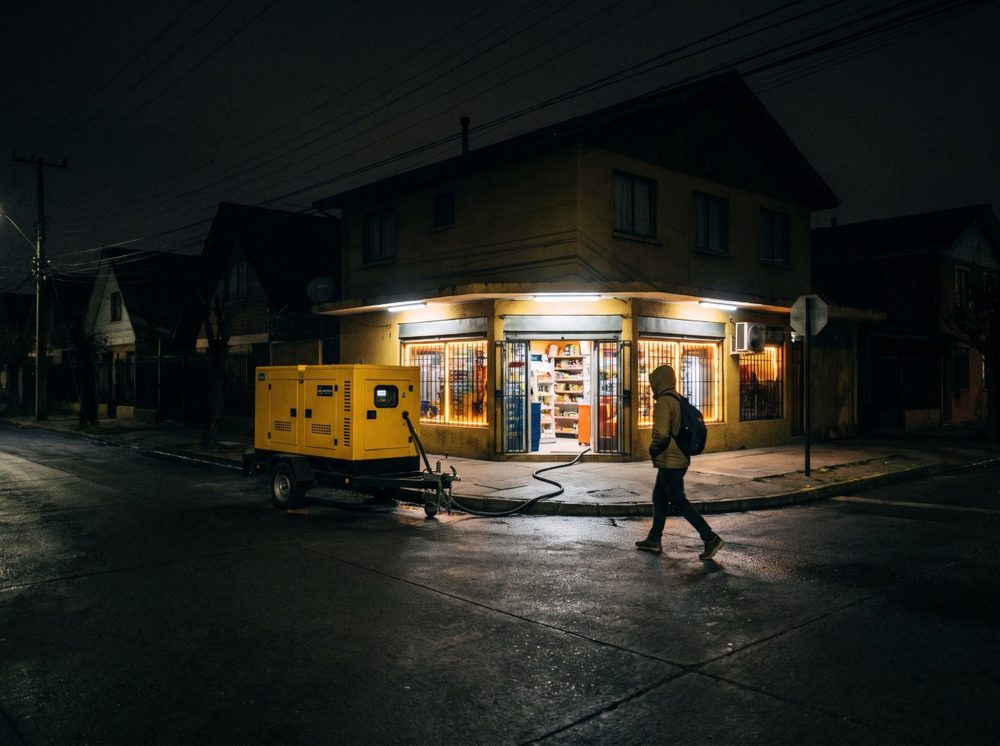 Minimarket iluminado con un generador de respaldo durante un corte de luz nocturno en Santiago